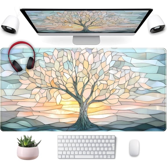 Desk Mat Cute Tree of Life Mouse Pad Gaming XXL Large Extended Desk Matt for Desktop, Faux Stained Glass Pastel Desk Pad, Laptop Computer Keyboard Mouse Mat, Office Decor Deskamt, 31.5x15.75 in