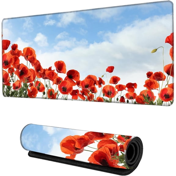Desk Mat for Desktop,Extended Gaming Red Poppy Flowers Mouse Pad,Non-Slip Rubber Base Mousepad with Stitched Edges for Office Home Desk Decor,31.5X15.7 Inch
