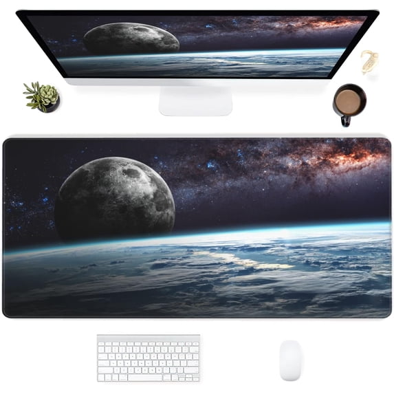 Desk Mat,Earth Moon and Star Extended Gaming Mouse Pad for Office Work & Game,Computer Keyboard Mouse Mat Desk Non-Slip Rubber Base Large Mousepad with Stitched Edges, 31.5x15.7inch