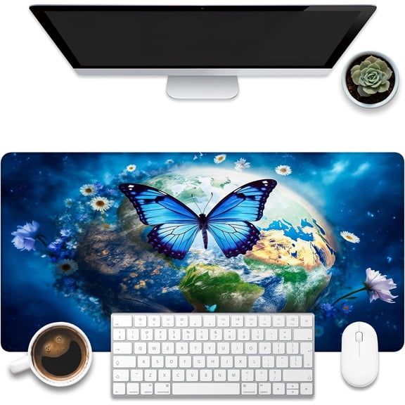 Desk Mat, Earth Surrounded by Flowers Desk Pad, Blue Butterfly Large Gaming Mouse Pad, 31.5"x15.7", Extended Big Computer Keyboard Mouse Pad with Non-Slip Base and Stitched Edge