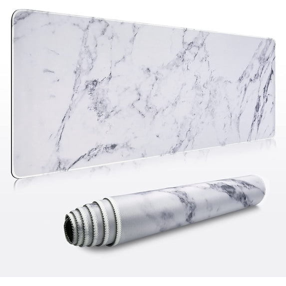 Desk Mat, Extended Gaming Cute Mouse Pad 35.4" x 15.7" XXL Laptop Beauty Mousepad with Stitched Edges Non Slip Base, Waterproof Computer Desk Pad for Office, Home, Girls, Men(White Marble)