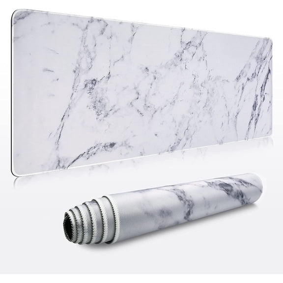 Desk Mat, Extended Gaming Cute Mouse Pad 35.4" x 15.7" XXL Laptop Beauty Mousepad with Stitched Edges Non Slip Base, Waterproof Computer Desk Pad for Office, Home, Girls, Men(White Marble)