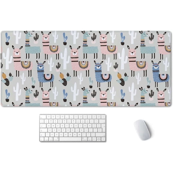 Desk Mat, Extended Gaming Mouse Pad (35.4x15.7 in), Large Non-Slip Rubber Base Mousepad with Stitched Edges, Waterproof Keyboard Mouse Mat Desk Pad for Work, Game, Office, Home - Llama Cactus