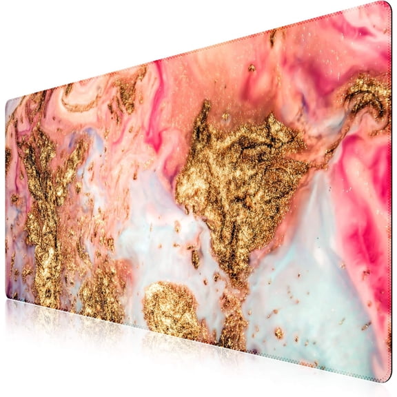 Desk Mat, Extended Gaming Mouse Pad (35.4x15.7 in), Large Non-Slip Rubber Base Mousepad with Stitched Edges, Waterproof Keyboard Mouse Mat Desk Pad for Work, Game, Office, Home - Golden Marble
