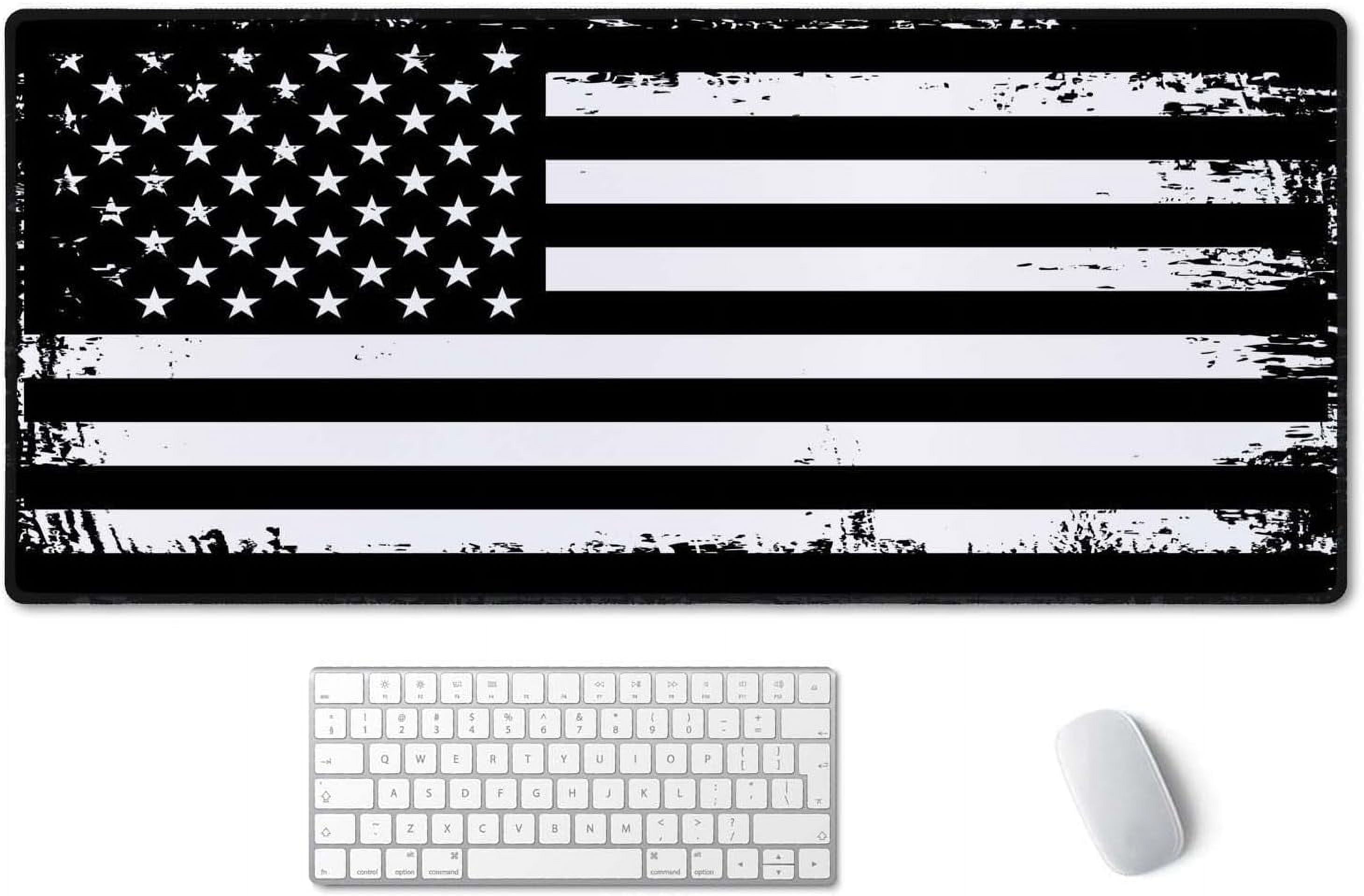 Desk Mat, Extended Gaming Mouse Pad (35.5x15.7 in), Large Non-Slip Rubber Base Mousepad with Stitched Edges, Waterproof Keyboard Mouse Mat Desk Pad - Grunge American Flag USA Flag Black White