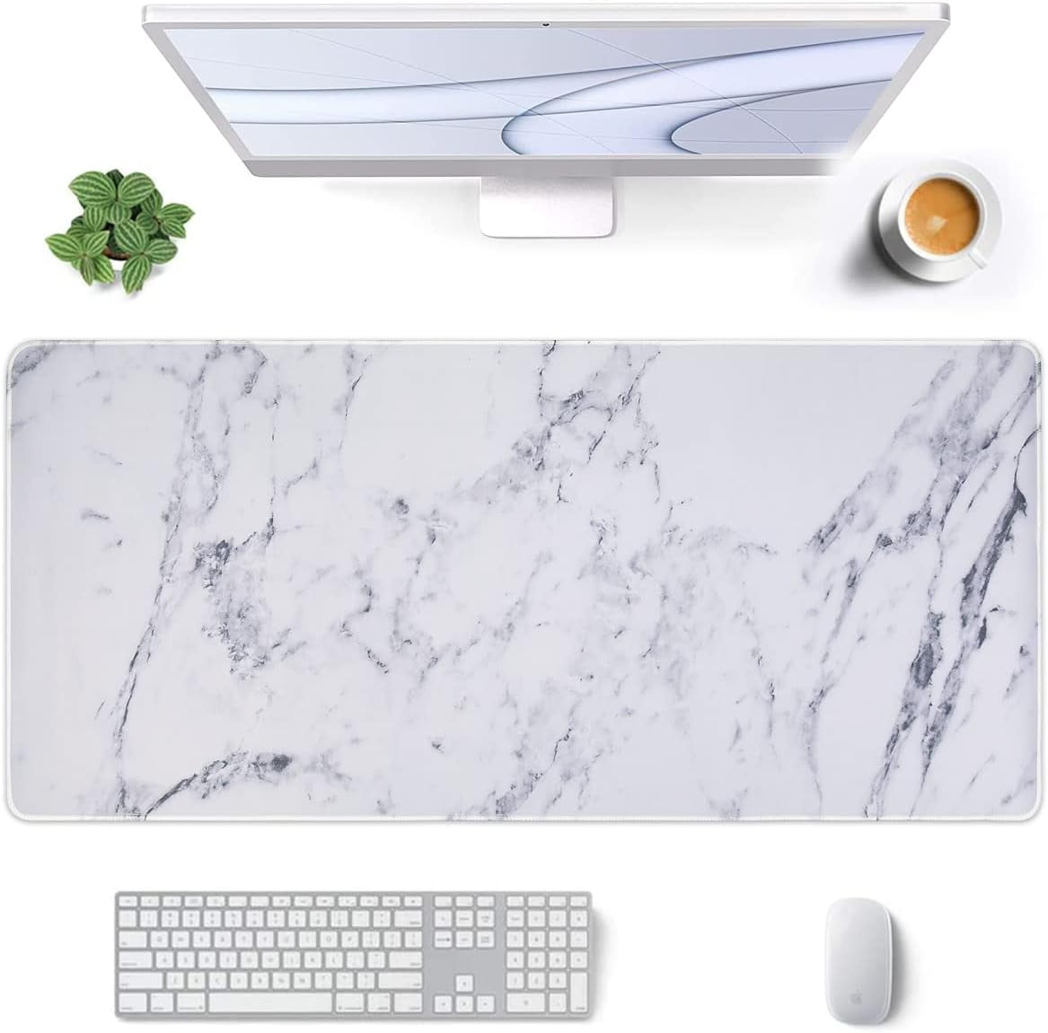 Desk Mat, Extended Gaming Mouse Pad Large 35.4" x 15.7", XXL Keyboard Mousepad with Stitched Edges, Non Slip Base, Waterproof Computer Desk Pad for Office, Home, Men(White Marble)