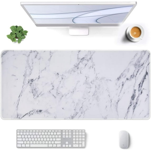 Desk Mat, Extended Gaming Mouse Pad Large 35.4" x 15.7", XXL Keyboard Mousepad with Stitched Edges, Non Slip Base, Waterproof Computer Desk Pad for Office, Home, Men(White Marble)