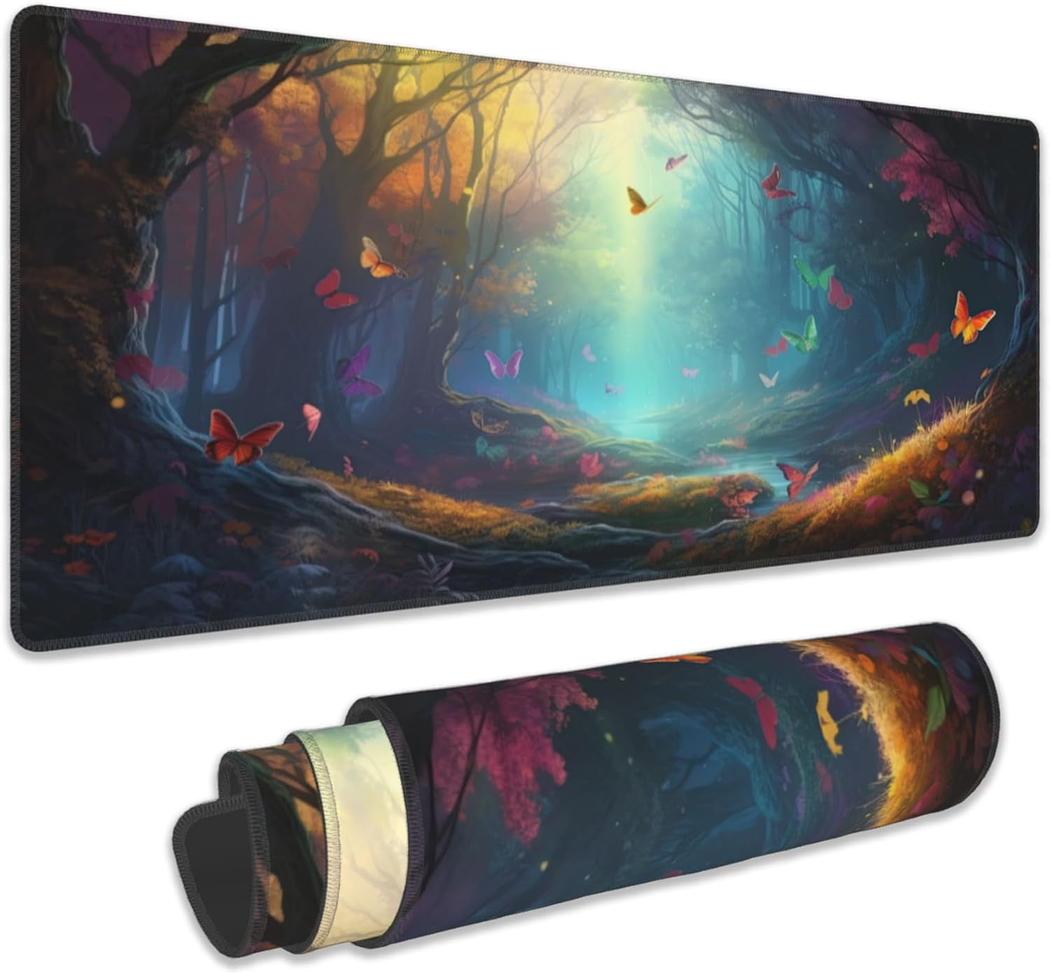 Desk Mat, Fantasy Landscape with Colorful Butterfly Extended Gaming Mouse Pad Large, 31.5"x11.8" Big Mouse Pad with Non-Slip Base and Stitched Edge, Long Computer Keyboard Mouse Mat for Home Office