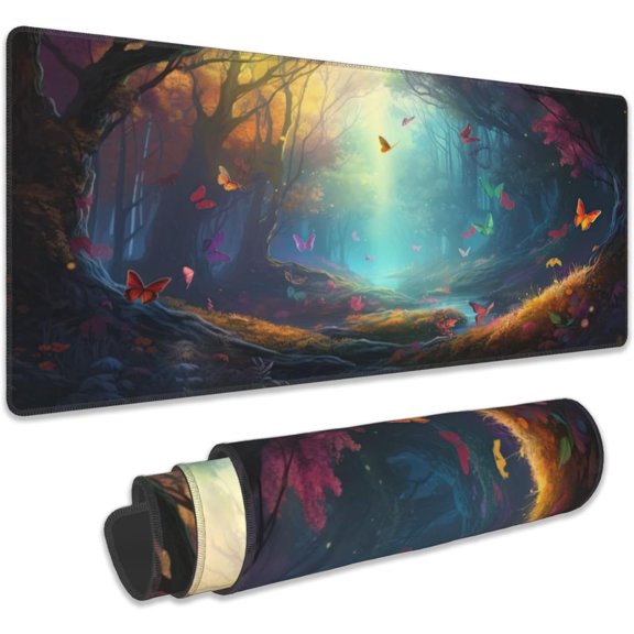 Desk Mat, Fantasy Landscape with Colorful Butterfly Extended Gaming Mouse Pad Large, 31.5"x11.8" Big Mouse Pad with Non-Slip Base and Stitched Edge, Long Computer Keyboard Mouse Mat for Home Office
