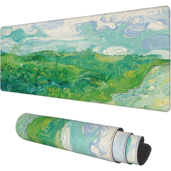 Desk Mat, Field Landscape Oil Painting Extended Gaming Mouse Pad Large, 31.5"x11.8" Big Mouse Pad with Non-Slip Base and Stitched Edge, Long Computer Keyboard Mouse Mat for Home Office Work