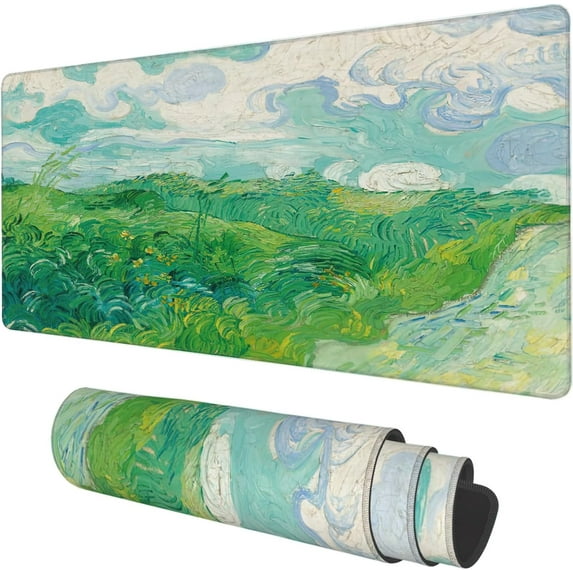 Desk Mat, Field Landscape Oil Painting Extended Gaming Mouse Pad Large, 35.4"x15.7" Big Mouse Pad with Non-Slip Base and Stitched Edge, Long Computer Keyboard Mouse Mat for Home Office Work