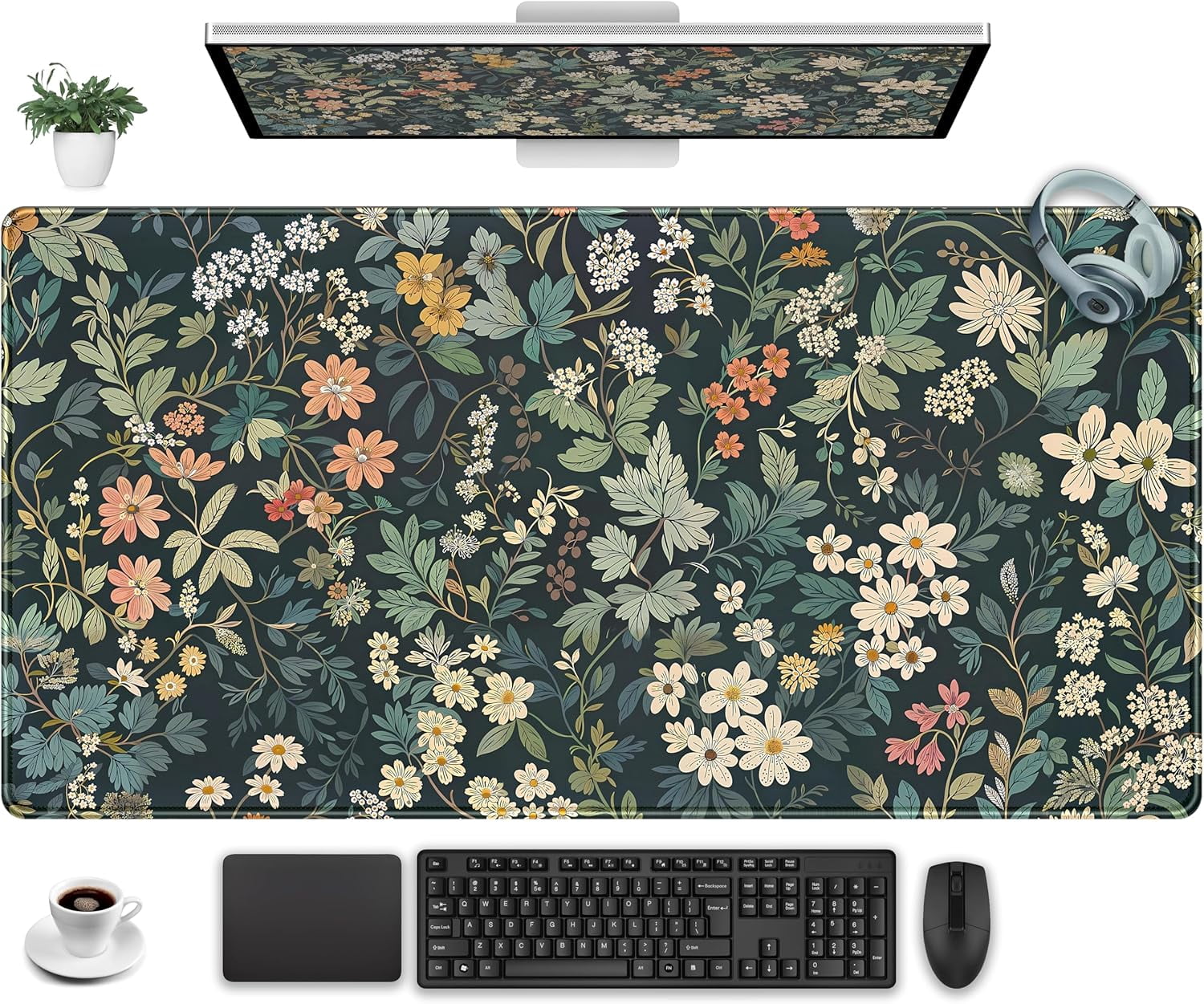 Desk Mat Floral Mouse Pad Gaming Mat Dark Keyboard Mat, Long Mouse Mat ...
