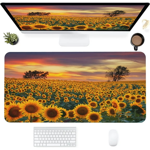 Desk Mat,Floral Sunflowers Extended Gaming Mouse Pad for Office Work & Game,Computer Keyboard Mouse Mat Desk Non-Slip Rubber Base Large Mousepad with Stitched Edges, 31.5x15.7inch