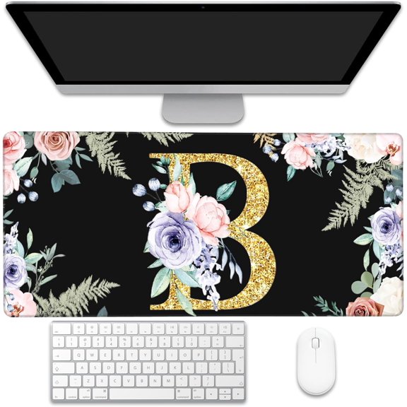 Desk Mat, Flower Golden Letters B Extended Gaming Mouse Pad Large, 35.4"x15.7" Big Mouse Pad with Non-Slip Base and Stitched Edge, Long Computer Keyboard Mouse Mat for Home Office Work