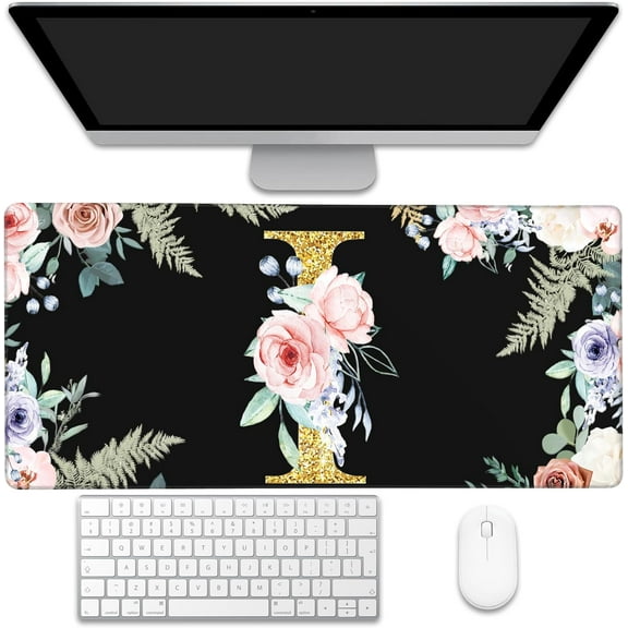 Desk Mat, Flower Golden Letters I Extended Gaming Mouse Pad Large, 35.4"x15.7" Big Mouse Pad with Non-Slip Base and Stitched Edge, Long Computer Keyboard Mouse Mat for Home Office Work