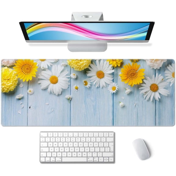 Desk Mat Flowers and Wood Large Keyboard Mouse Pad for Laptop PC Setup Desk Cover Protector Desk DéCor for Office Home Work Gaming 31.5" X 11.8" Stitched Edge Non-Slip Design
