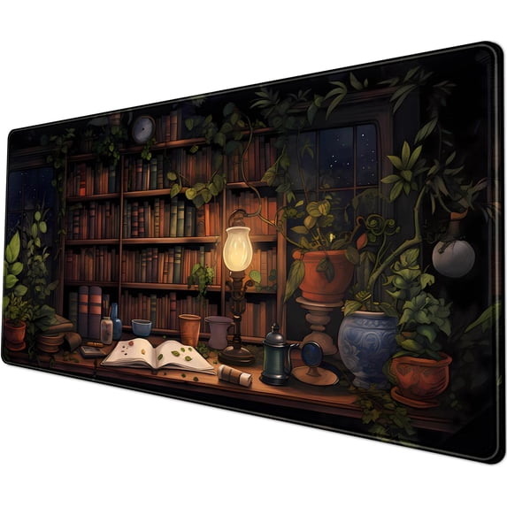 Desk Mat Forest Library Book Mouse Pad Big Vintage Aesthetic Desk Pad Flower Plant Black Extended Mouse Pad Large Gaming Mousepad XXL Keyboard Mouse Mat Desktop Mat Women Office Desk 31.5 X 11.8 in