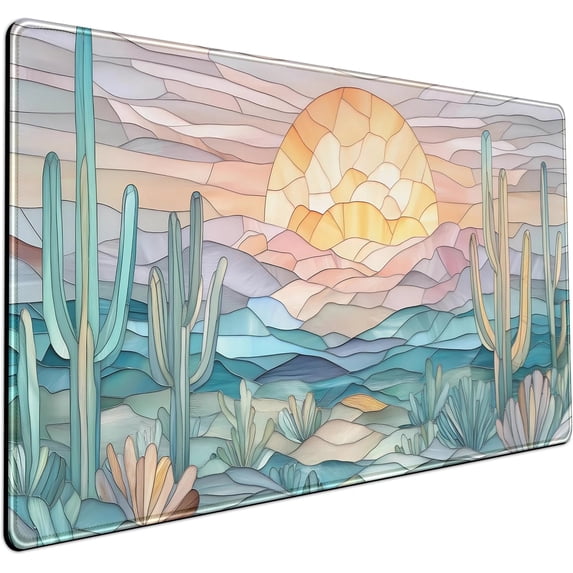 Desk Mat Gaming Abstract Ocean Desk Pad Large Mouse and Keyboard Pad, Faux Stained Glass Sun & Waves Mouse Mat XXL Desk Protector, Computer Mats for Desktop Sun & Waves Office Decor 31.5" X 15.7"