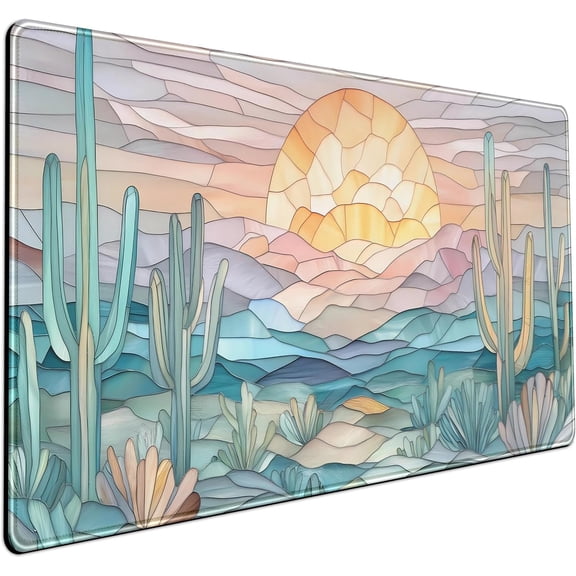 Desk Mat Gaming Abstract Ocean Desk Pad Large Mouse and Keyboard Pad, Faux Stained Glass Sun & Waves Mouse Mat XXL Desk Protector, Computer Mats for Desktop Sun & Waves Office Decor 31.5" X 15.7"