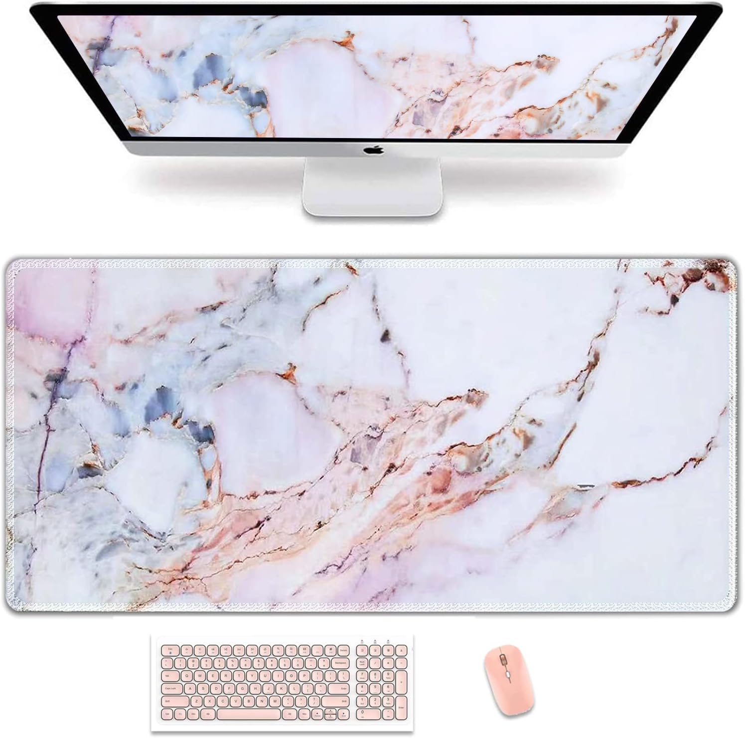 Desk Mat, Gaming Desk Mouse Pad Extra Large, XXL Laptop Full Mousepad Matt with Non Slip Base, Computer Desk Pad Mat, Keyboard Mat for Office Desktop Vanity Women, White Pink Colored Marble