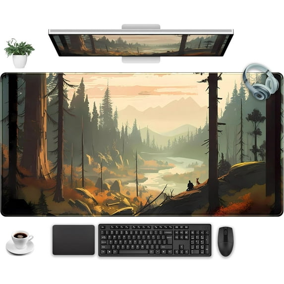 Desk Mat Gaming Desk Pad Valleys, Forest Mouse Pad XXL Extended Large Mouse and Keyboard Mat, Computer Desktop Mat with Non-Slip Base & Stitched Edges, Aesthetic Nature Desk Decor 31.5" x 15.7"