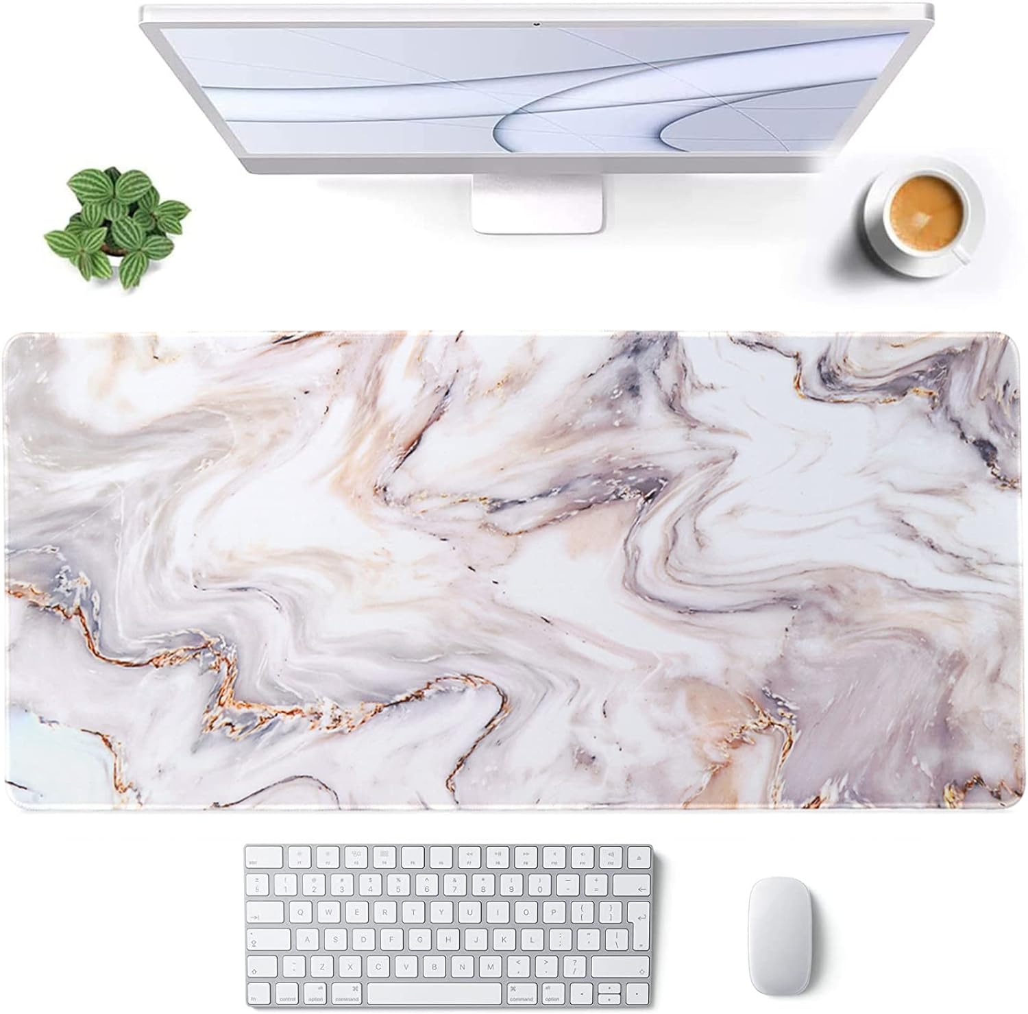 Desk Mat, Gaming Mouse Pad Large (35.4" x 15.7" inch), XXL Keyboard Pad with Stitched Edges, Non Slip Rubber Base, Waterproof Computer Desk Pad for Office, Home, Men(Platinum Marble)
