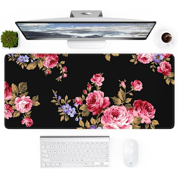 Desk Mat, Gaming Mouse Pad Large, XXL Desk Pad Mat with Non-Slip Base, Pretty Desk Matt for Desktop, Keyboard Mat for Women, Home, Office Decor, Desktop,Laptop, Black Pink Floral Flower