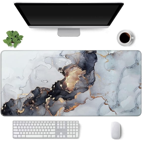 Desk Mat, Gaming Mouse Pad Large, XXL Keyboard Matt, Long Mousepad with Non Slip Base, Giant Computer Desk Pad Mat Extended for Office Desktop Laptop, White Gray Gold Marble