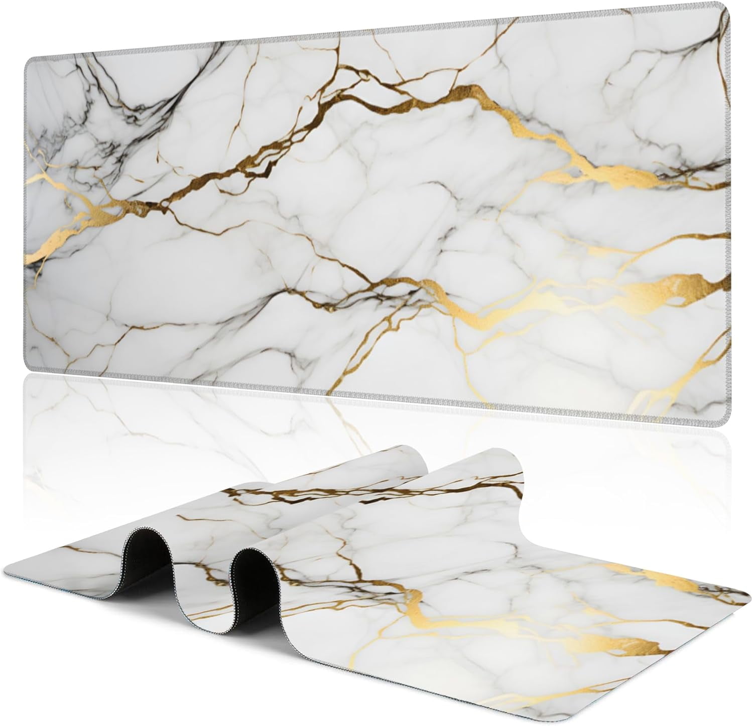 Desk Mat,Gold Line Marble Gaming Mouse Pad,31.5"X15.7" Large Desk Pad with Stitched Edge Non-Slip Base Keyboard Big Mouse Pad for Office Home Work Gaming-White