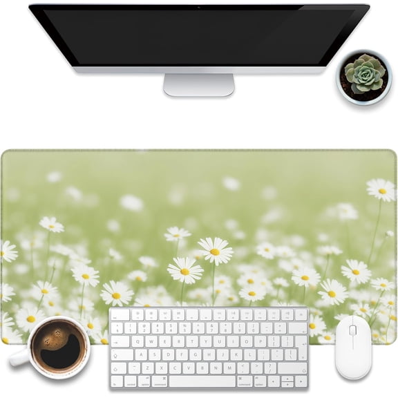 Desk Mat, Green Daisy Flowers Desk Pad, Chamomile Flowers Large Gaming Mouse Pad for Desk, 31.5"x15.7" Extended Big Computer Keyboard Mouse Pad with Non-Slip Base and Stitched Edge