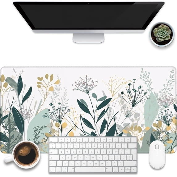 Desk Mat, Green Gold Plant Leaves Desk Pad, Wildflowers Large Gaming Mouse Pad for Desk, 31.5"x11.8" Extended Big Computer Keyboard Mouse Pad with Non-Slip Base and Stitched Edge