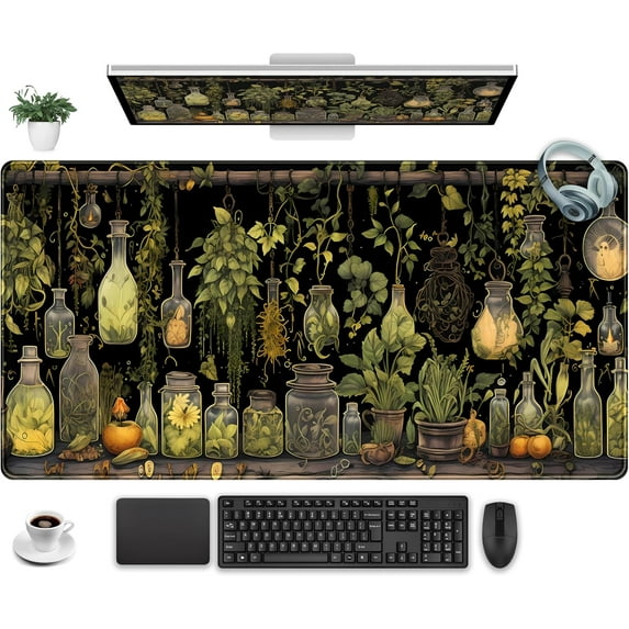 Desk Mat Green Plants Mouse Pad Gaming Mat Dark Keyboard Mat, Long Mouse Mat XXL Extended Desktop Mat Magical Bottles Computer Mats with Stitched Edges, Office Desk Accessory 31.5" x 15.7"