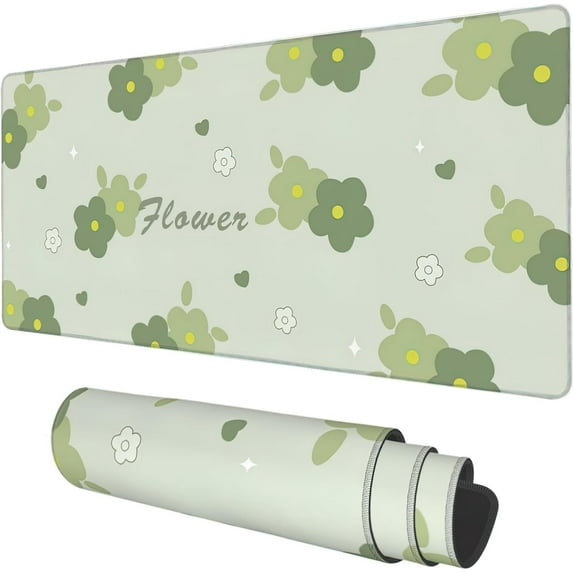 Desk Mat, Kawaii Green Flower Extended Gaming Mouse Pad Large, 35.4"x15.7" Big Mouse Pad with Non-Slip Base and Stitched Edge, Long Computer Keyboard Mouse Mat for Home Office Work