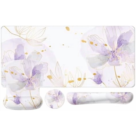 Desk Mat Keyboard Mouse Pad Set, Large Gaming Mouse Pad&Keyboard Wrist Rest&Mousepad with Wrist Rest&Coaster, Ergonomic Non-Slip Home Office Mousepad with Memory Foam, Purple