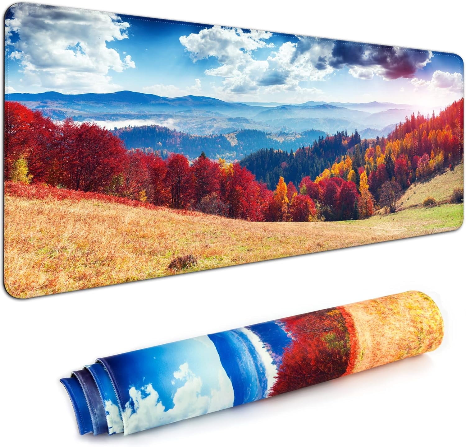 Desk Mat,Large Mouse Pad 35''×15.6''×0.12'' XXL Extended Gaming Mouse Pad Mat with Non-Slip Base Stitched Eges Mousepad for Computer,Office,Keyboard and Laptop - Autumn Forest