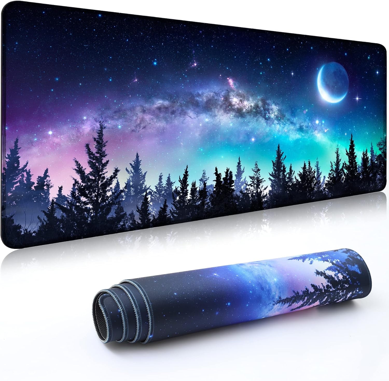 Desk Mat,Large Mouse Pad 35''×15.6''×0.12'' XXL Extended Gaming Mouse Pad Mat with Non-Slip Base Stitched Eges Mousepad for Computer,Office,Keyboard and Laptop - Forest Moon