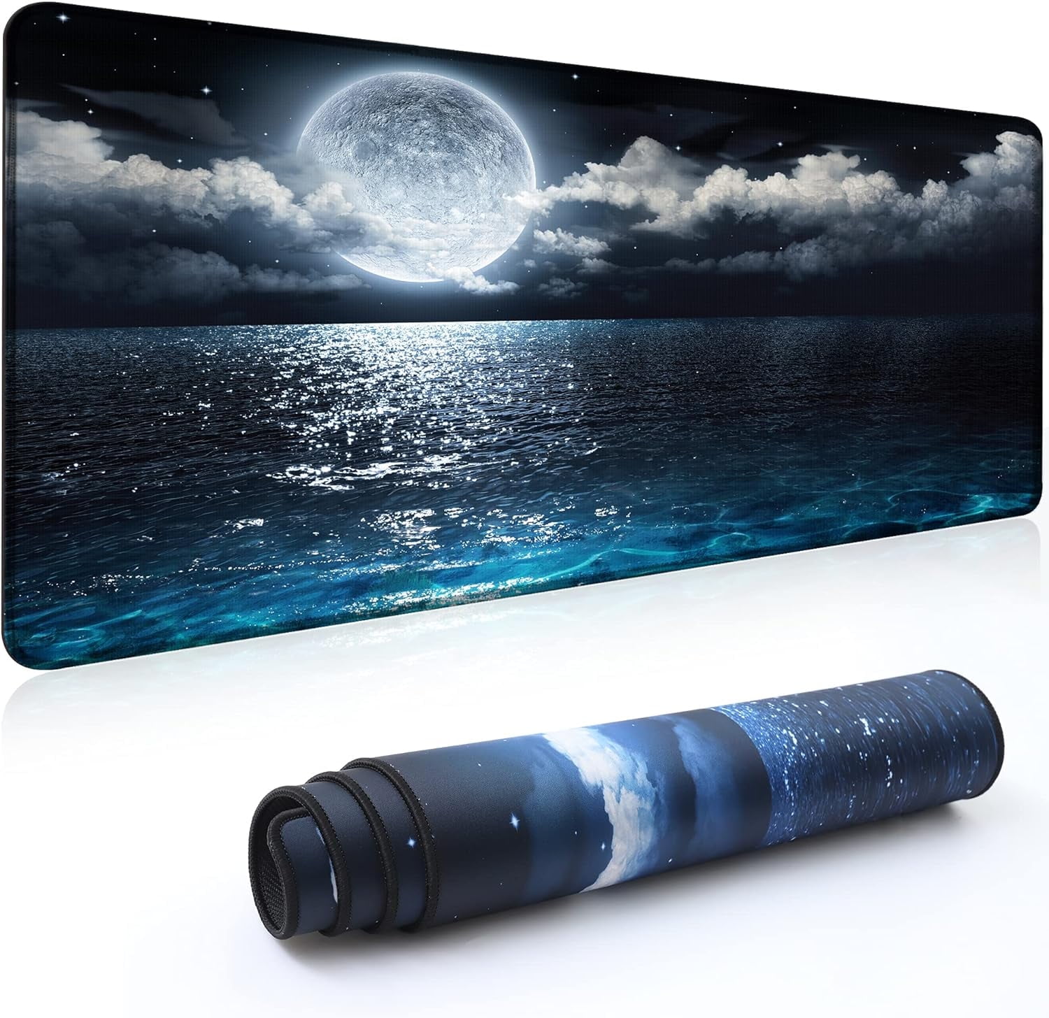 Desk Mat,Large Mouse Pad 35''×15.6''×0.12'' XXL Extended Gaming Mouse Pad Mat with Non-Slip Base Stitched Eges Mousepad for Computer,Office,Keyboard and Laptop - Moon Ocean