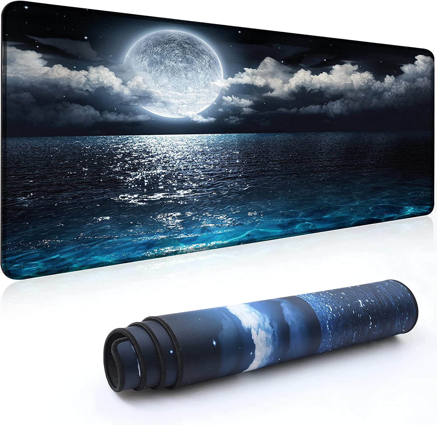 Desk Mat,Large Mouse Pad 35''''×15.6''''×0.12'''' XXL Extended Gaming Mouse Pad Mat with Non-Slip Base Stitched Eges Mousepad for Computer,Office,Keyboard and Laptop - Moon Ocean