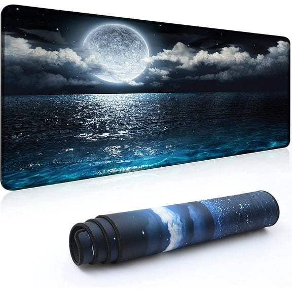 Desk Mat,Large Mouse Pad 35''''×15.6''''×0.12'''' XXL Extended Gaming Mouse Pad Mat with Non-Slip Base Stitched Eges Mousepad for Computer,Office,Keyboard and Laptop - Moon Ocean