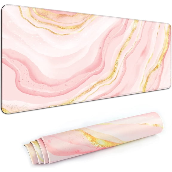 Desk Mat,Large Mouse Pad 35''×15.6''×0.12'' XXL Extended Gaming Mouse Pad Mat with Non-Slip Base Stitched Eges Mousepad for Computer,Office,Keyboard and Laptop - Pink Golden Marble