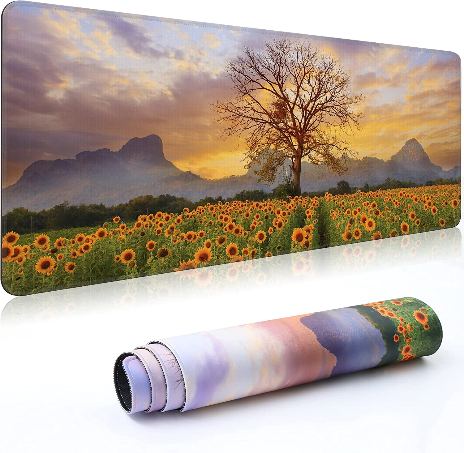 Desk Mat,Large Mouse Pad 35''''×15.6''''×0.12'''' XXL Extended Gaming Mouse Pad Mat with Non-Slip Base Stitched Eges Mousepad for Computer,Office,Keyboard and Laptop - Tree & Sunflowers