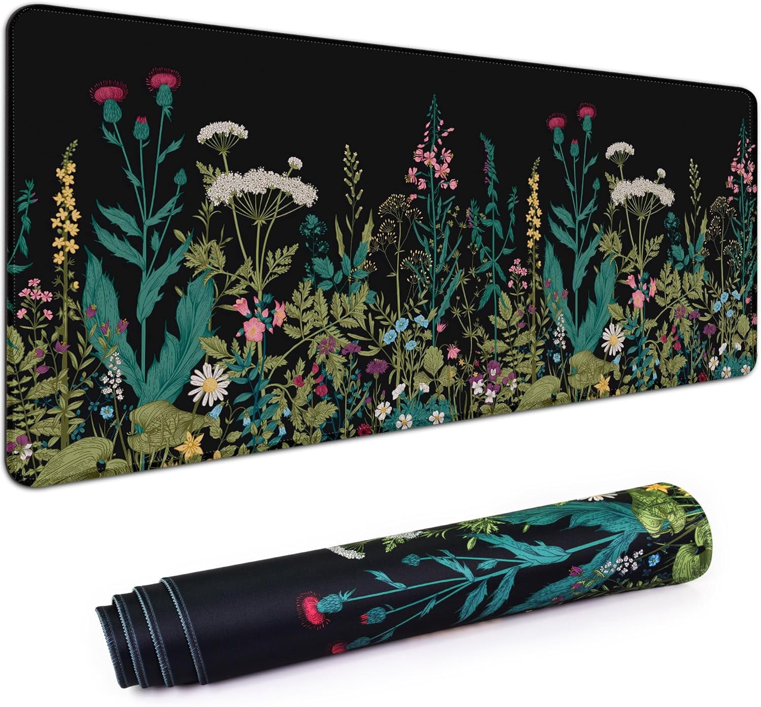 Desk Mat,Large Mouse Pad 35''×15.6'' XXL Extended Gaming Mouse Pad Mat with Non-Slip Base Stitched Eges Mousepad for Computer,Office,Keyboard and Laptop - Flowers