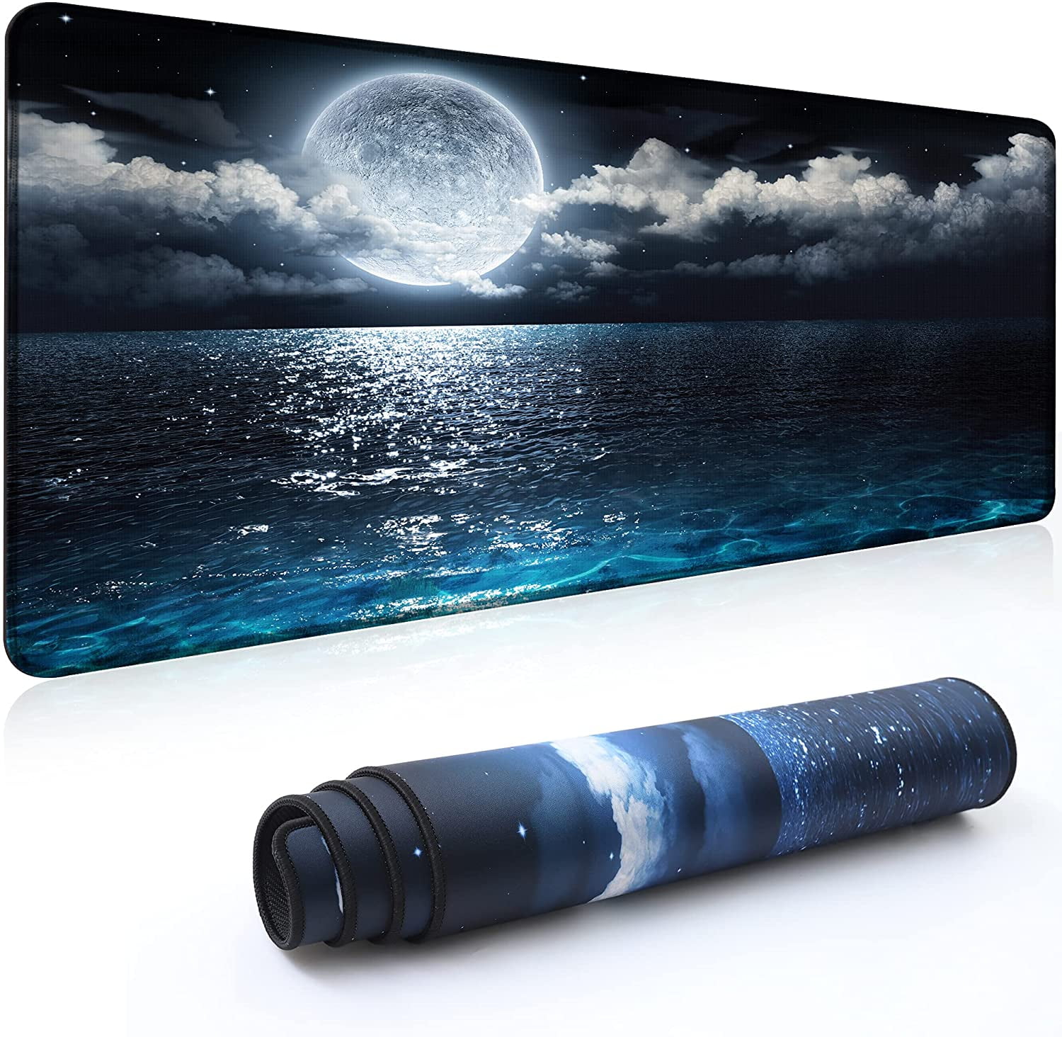 Desk Mat,Large Mouse Pad 35''×15.6'' XXL Extended Gaming Mouse Pad Mat with Non-Slip Base Stitched Eges Mousepad for Computer,Office,Keyboard and Laptop - Moon Ocean