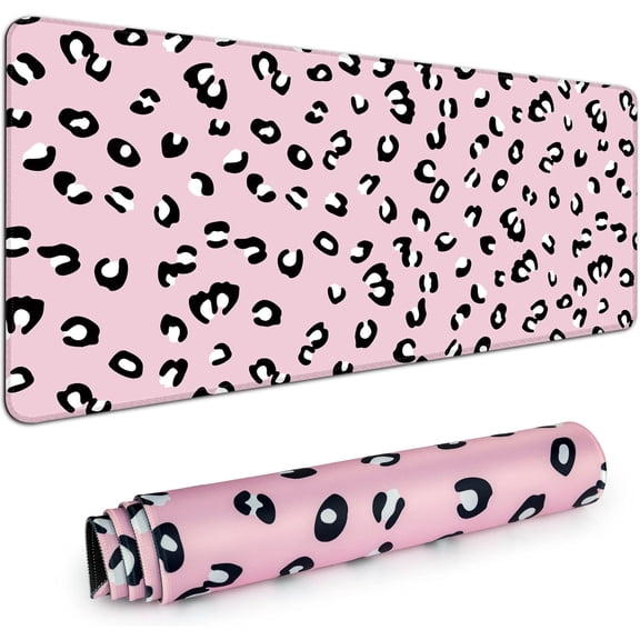 Desk Mat,Large Mouse Pad 35''×15.6'' XXL Extended Gaming Mouse Pad Mat with Non-Slip Base Stitched Eges Mousepad for Computer,Office,Keyboard and Laptop - Pink Leopards