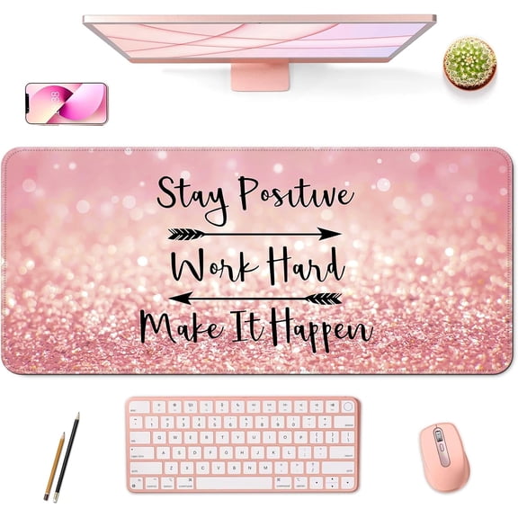 Desk Mat,Large Mouse Pad 35''×15.6'' XXL Extended Gaming Mouse Pad Mat with Non-Slip Base Stitched Eges Mousepad for Computer,Office,Keyboard and Laptop - Pink Stay Positive