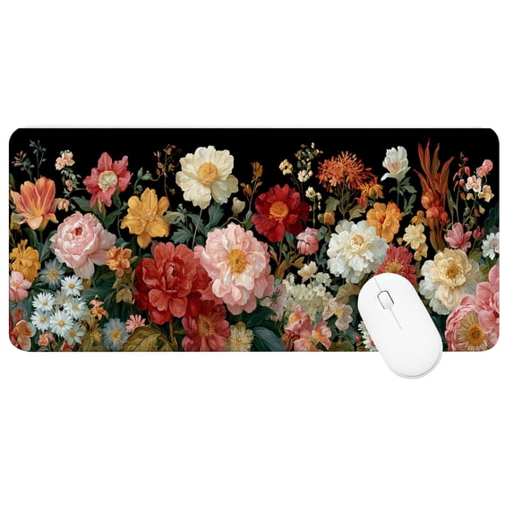 Desk Mat Large Mouse Pad (35.4 x 15.7 In), Colorful Oil Painting Flowers Extended Gaming Mousepad with Stitched Edges for Office/Home