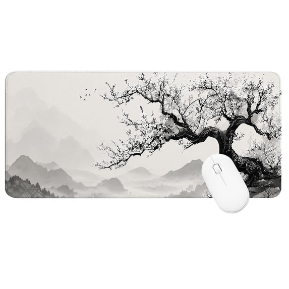 Desk Mat Large Mouse Pad (35.4 x 15.7 In), Ink Plum Blossom Landscape Extended Gaming Mousepad with Stitched Edges for Office/Home