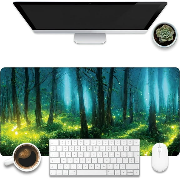 Desk Mat, Magical Night Forest Desk Pad, Green Fireflies Forest Large Gaming Mouse Pad for Desk, 31.5"x15.7" Extended Big Computer Keyboard Mouse Pad with Non-Slip Base and Stitched Edge