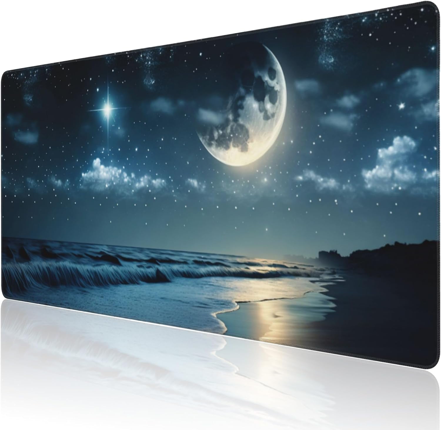Desk Mat, Moon and Stars Above The Sea Extended Large Gaming Mouse Pad for Desk XXL, Non-Slip Rubber Base Stitched Edges Long Computer Keyboard Desk Pad Mouse Mat for Home Office Gaming 35.4"X15.7"