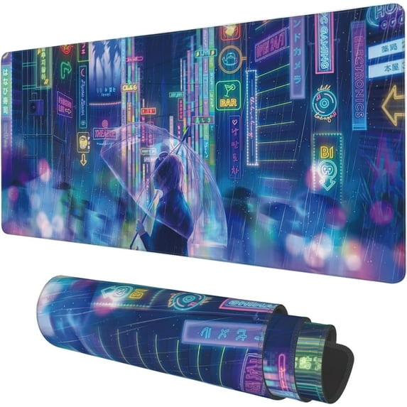 Desk Mat, Neon City Rainy Night Extended Gaming Mouse Pad Large, 35.4"x15.7" Big Mouse Pad with Non-Slip Base and Stitched Edge, Long Computer Keyboard Mouse Mat for Home Office Work